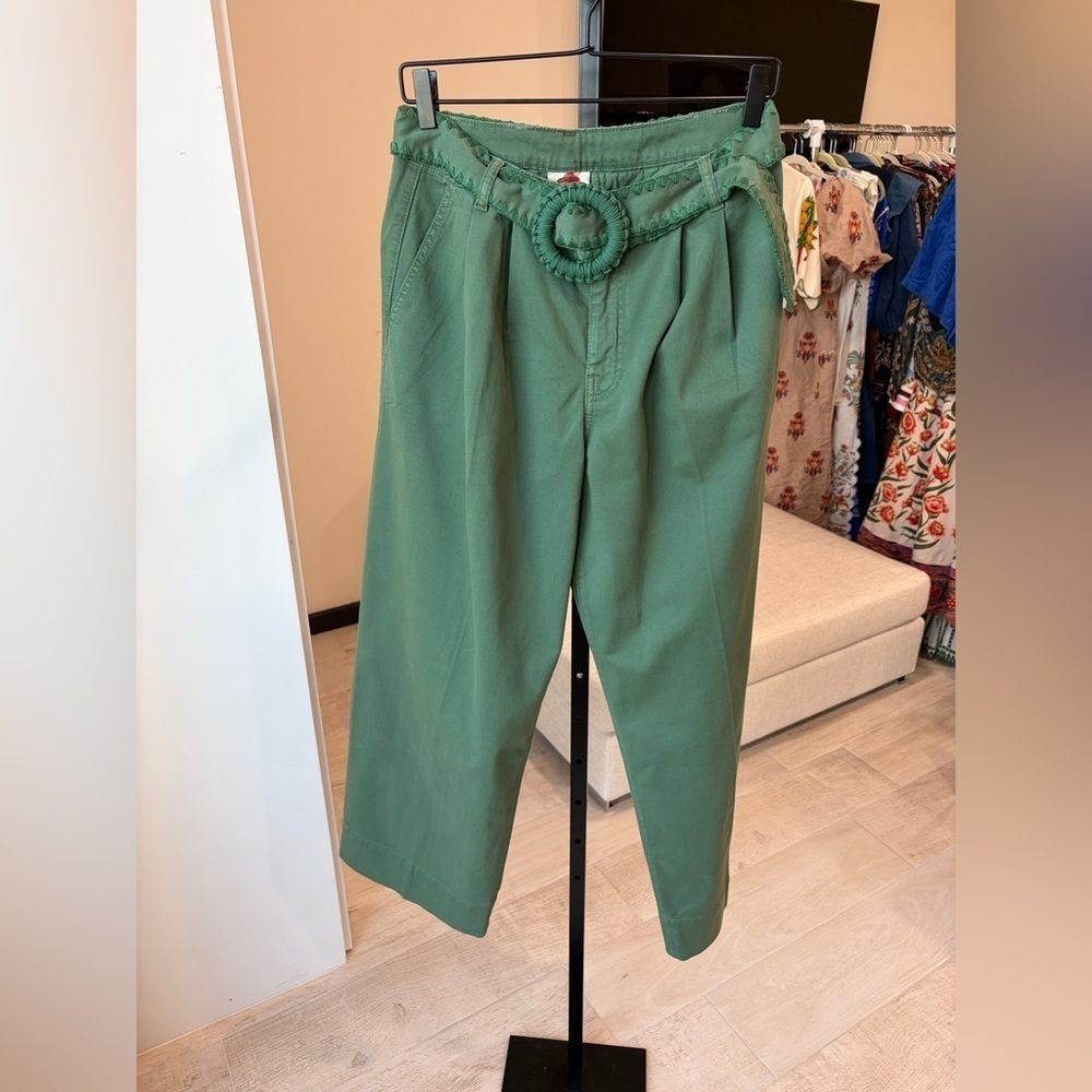 Farm Rio: Green Twill Pleated Wide Pants - Picture 8 of 11